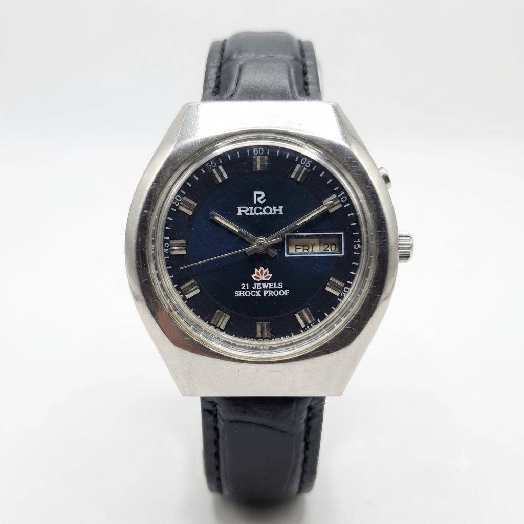 Vintage Ricoh R31 Automatic Blue Face New Strap 21 Jewels Day-Date Men's Wrist Watch R06
