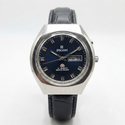 Vintage Ricoh R31 Automatic Blue Face New Strap 21 Jewels Day-Date Men's Wrist Watch R06