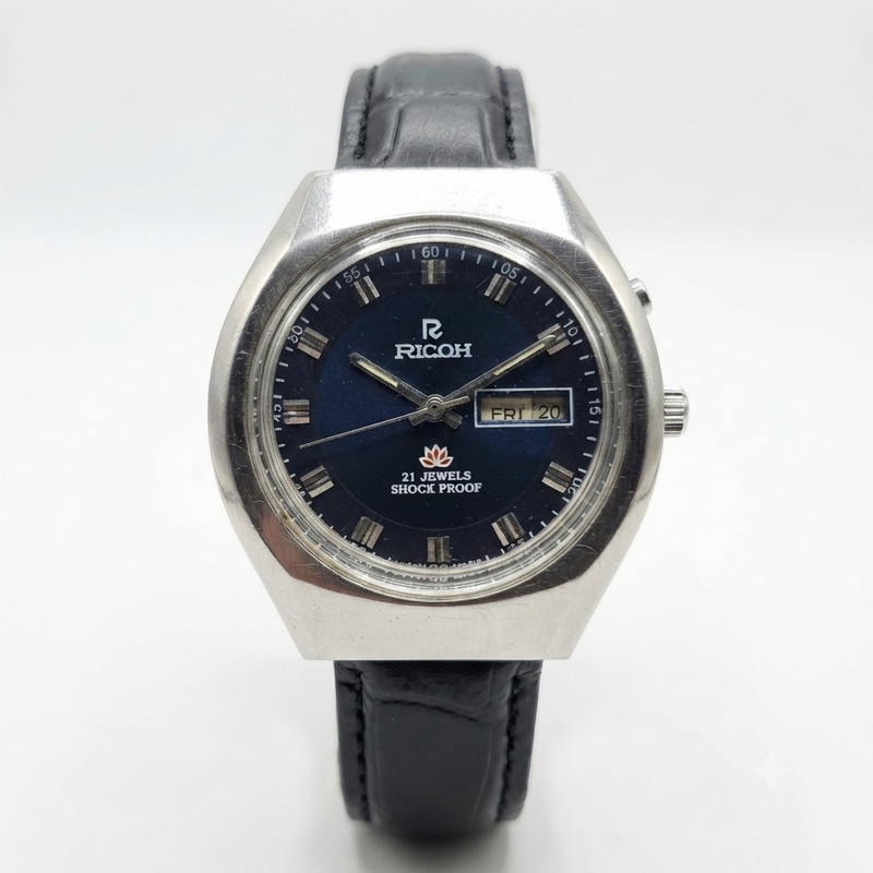 Vintage Ricoh R31 Automatic Blue Face New Strap 21 Jewels Day-Date Men's Wrist Watch R06