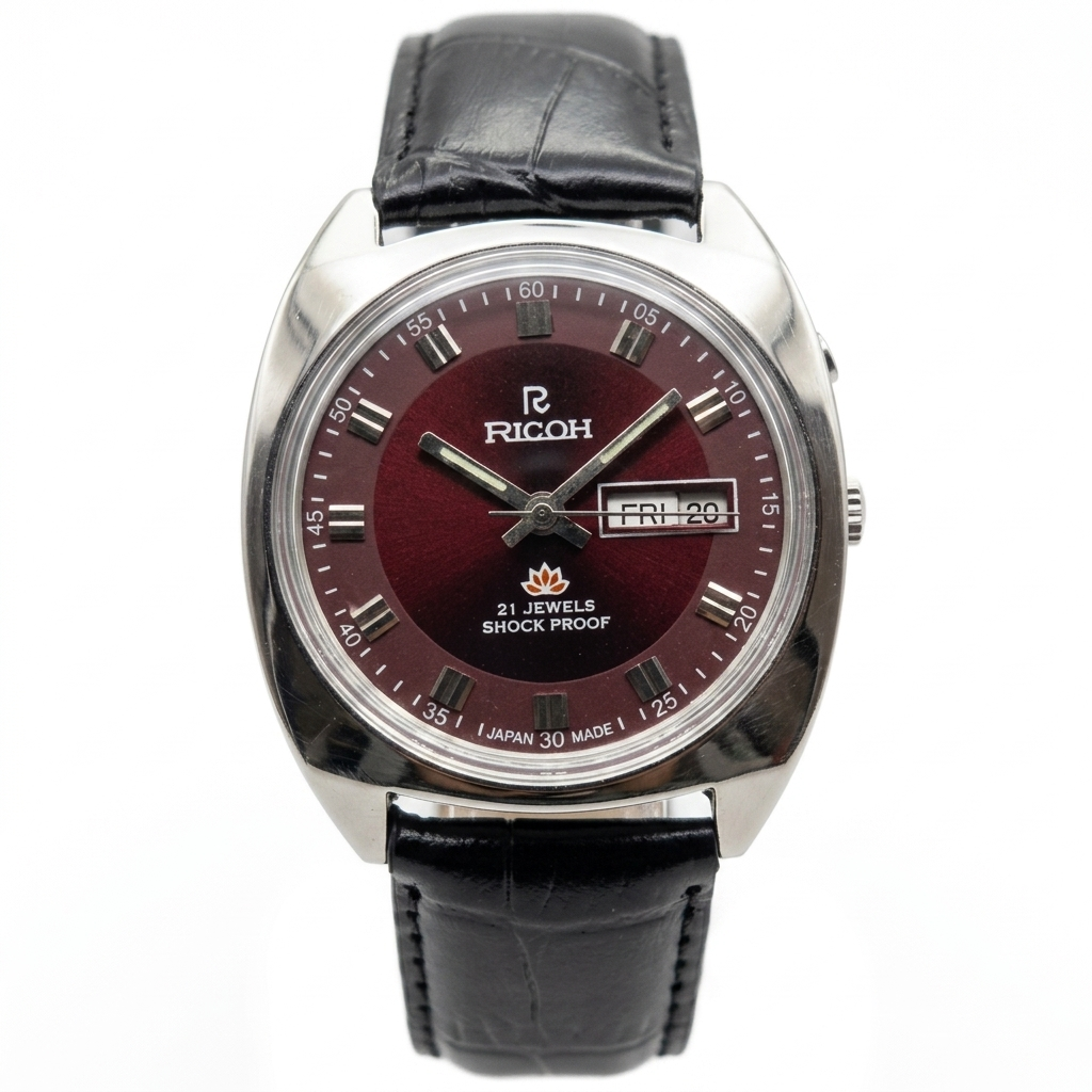 Vintage Ricoh R31 Automatic Red Face New Strap 21 Jewels Day-Date Men's Wrist Watch R23