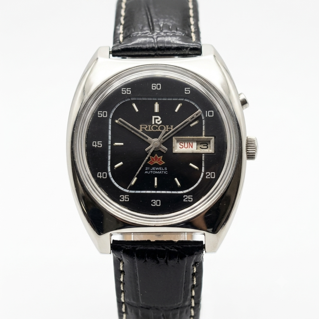 Vintage Ricoh R31 Automatic Black Face New Strap 21 Jewels Day-Date Men's Wrist Watch R20