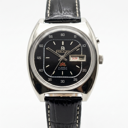 Vintage Ricoh R31 Automatic Black Face New Strap 21 Jewels Day-Date Men's Wrist Watch R20