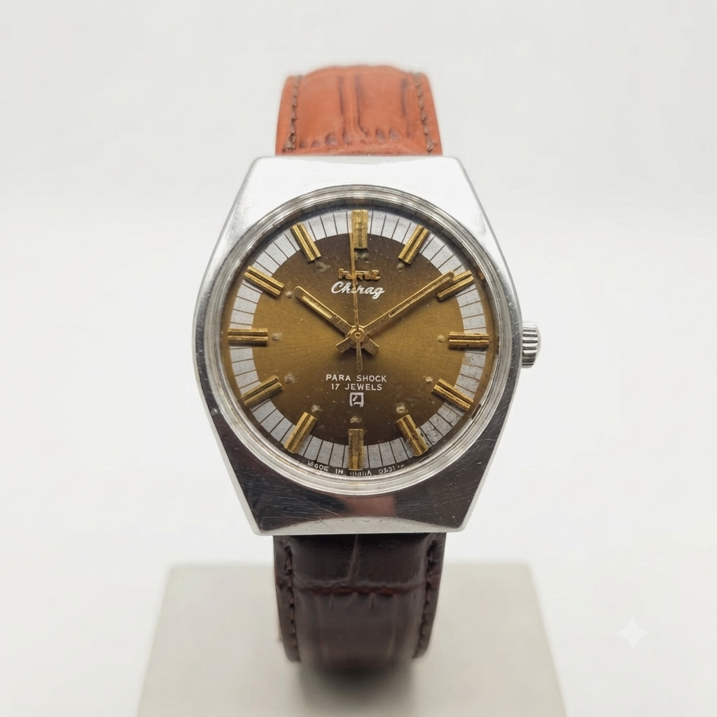 Vintage Original HMT Chirag Hand Winding 17 Jewels Brown Face Men's Wrist Watch HM99