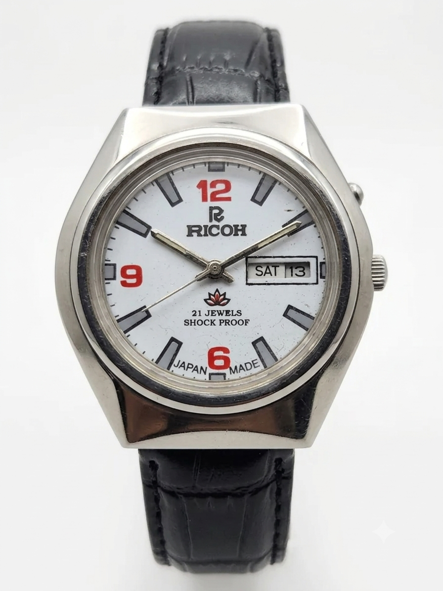 Vintage Ricoh R31 Automatic White Face New Strap 21 Jewels Day-Date Men's Wrist Watch AS12