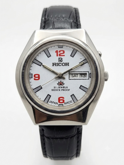 Vintage Ricoh R31 Automatic White Face New Strap 21 Jewels Day-Date Men's Wrist Watch AS12