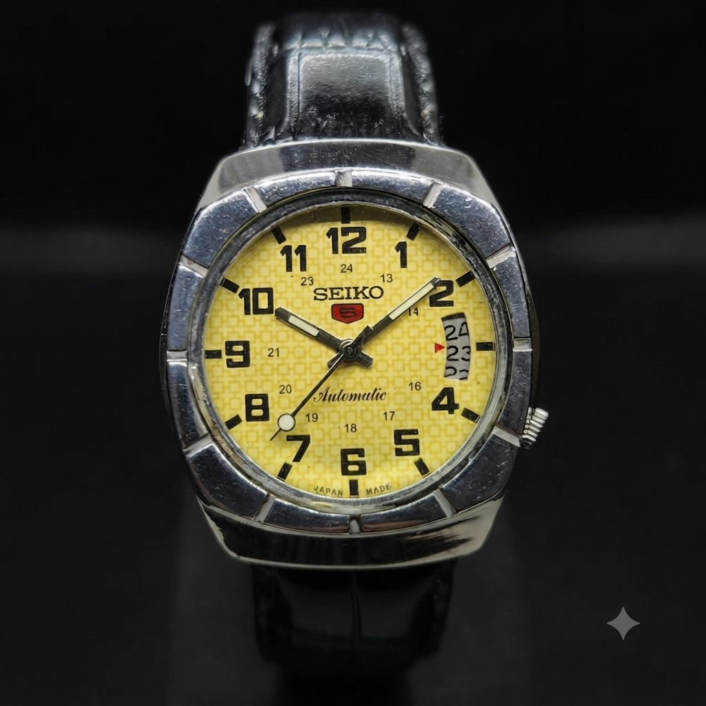 Vintage 1985 Original Seiko 5 Automatic 7009-8741 Repainted Yellow Face 17 Jewels Date Japanese Men's Wrist Watch VS30