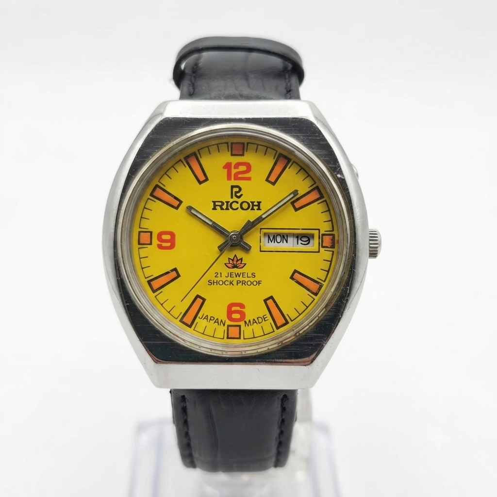 Vintage Ricoh R31 Automatic Yellow Face New Strap 21 Jewels Day-Date Men's Wrist Watch R111