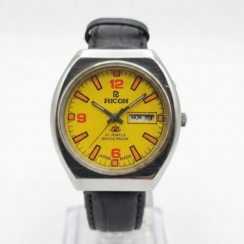Vintage Ricoh R31 Automatic Yellow Face New Strap 21 Jewels Day-Date Men's Wrist Watch R111