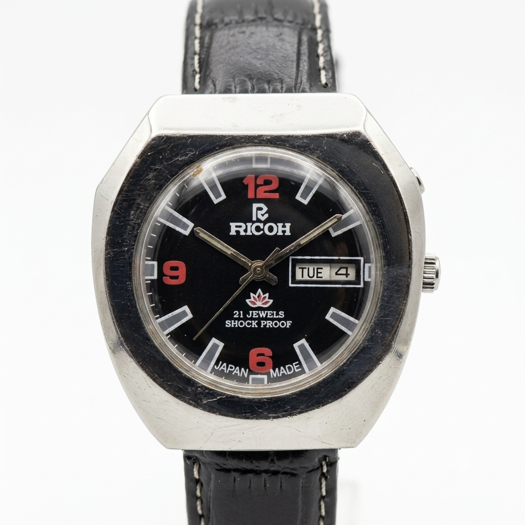 Vintage Ricoh R31 Automatic Black Face New Strap 21 Jewels Day-Date Men's Wrist Watch R16