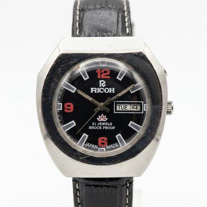 Vintage Ricoh R31 Automatic Black Face New Strap 21 Jewels Day-Date Men's Wrist Watch R16