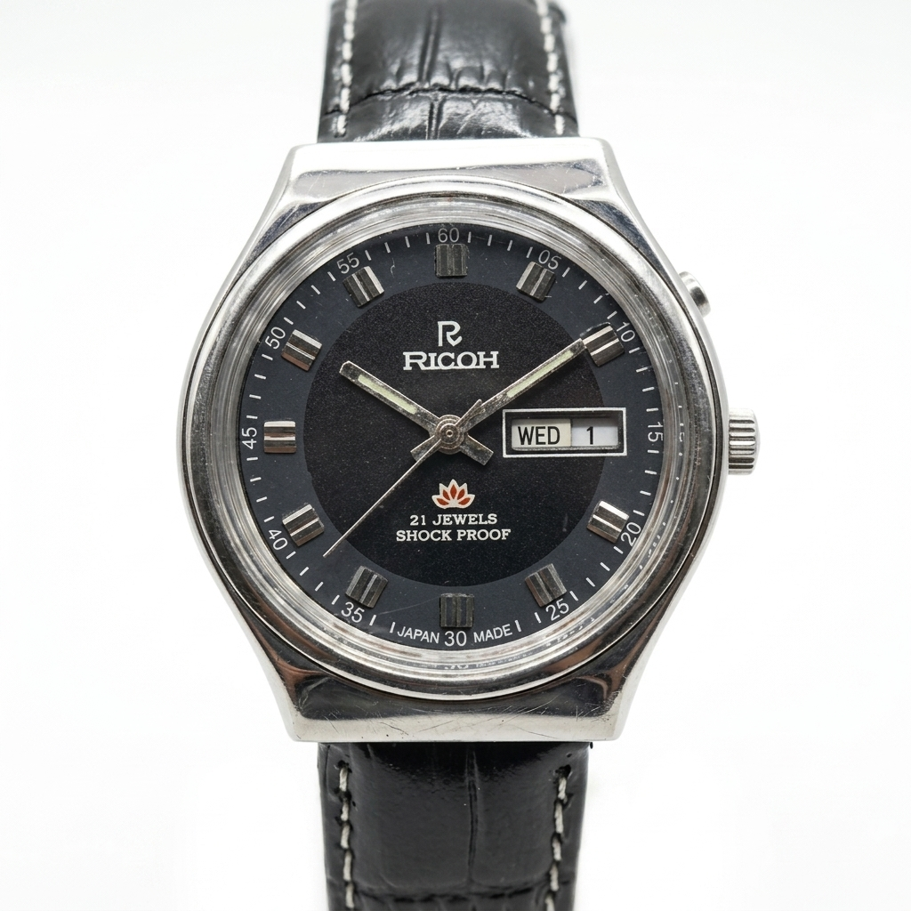 Vintage Ricoh R31 Automatic Black Face New Strap 21 Jewels Day-Date Men's Wrist Watch R15