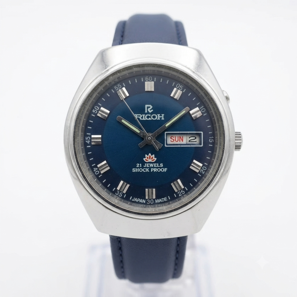 Vintage Ricoh R31 Automatic Blue Face New Strap 21 Jewels Day-Date Men's Wrist Watch R101