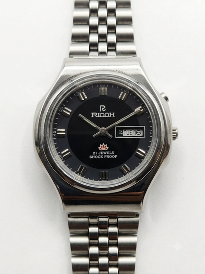 Vintage Ricoh R31 Automatic Black Face New Bracelet 21 Jewels Day-Date Men's Wrist Watch AS06