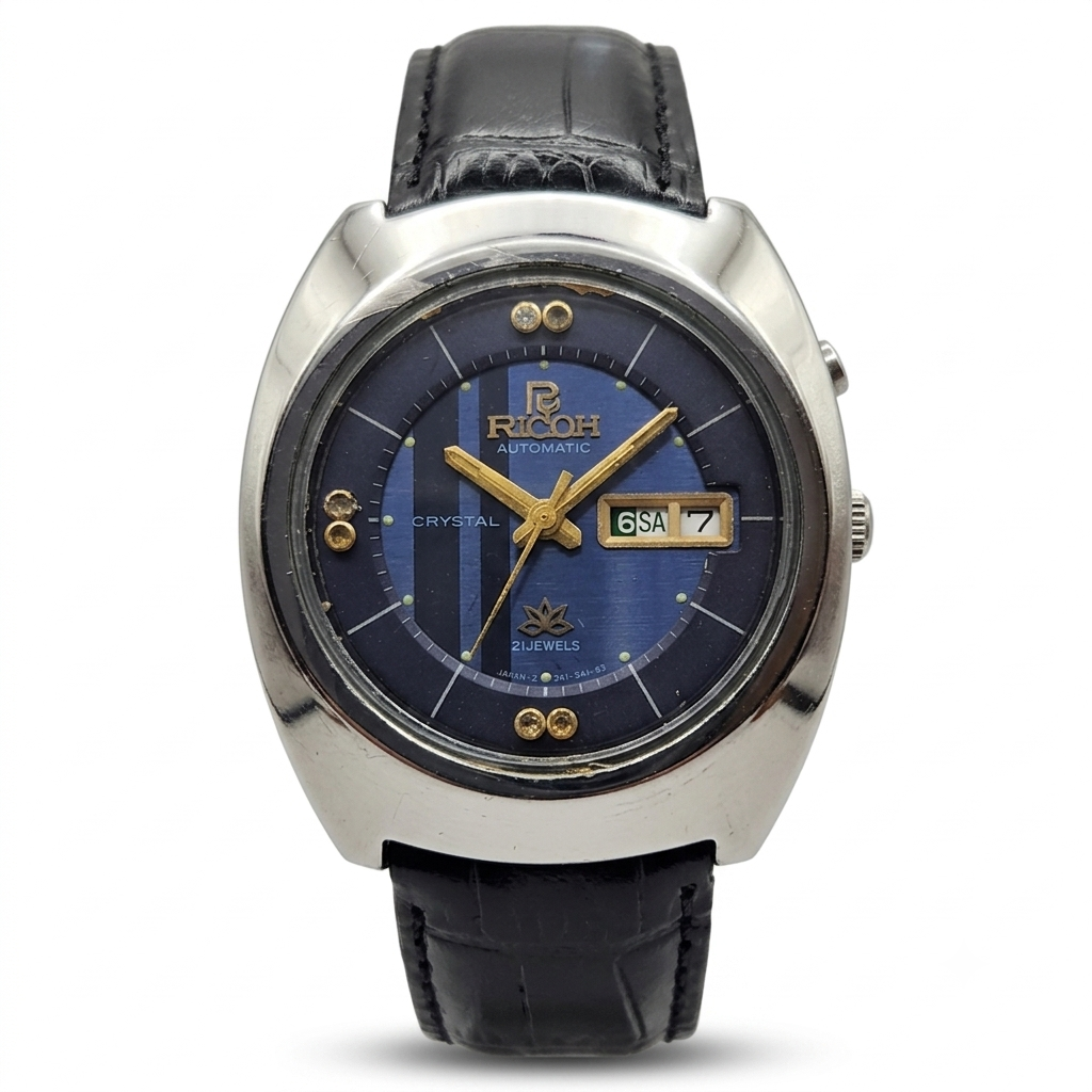 Vintage Ricoh R31 Automatic Blue Face New Strap 21 Jewels Day-Date Men's Wrist Watch R27