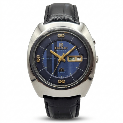 Vintage Ricoh R31 Automatic Blue Face New Strap 21 Jewels Day-Date Men's Wrist Watch R27