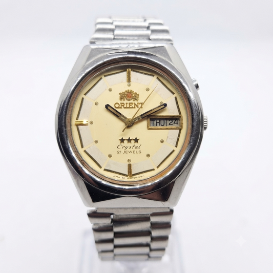 Vintage Original Orient 46941 Automatic 21 Jewels Gold Face Day-Date Men's Wrist Watch OR11