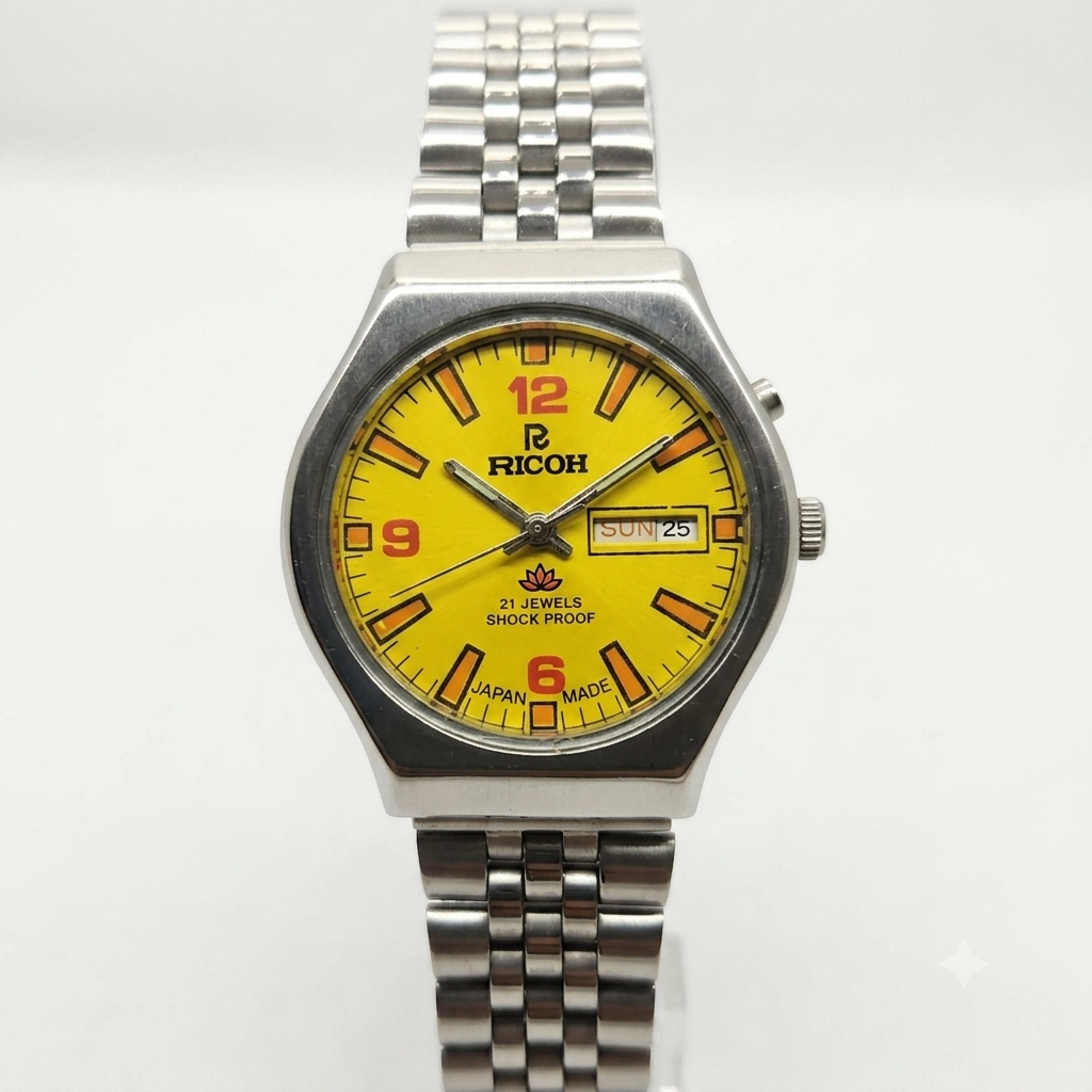 Vintage Ricoh R31 Yellow Face Automatic 21 Jewels Jubliee Bracelet Men's Wrist Watch R29