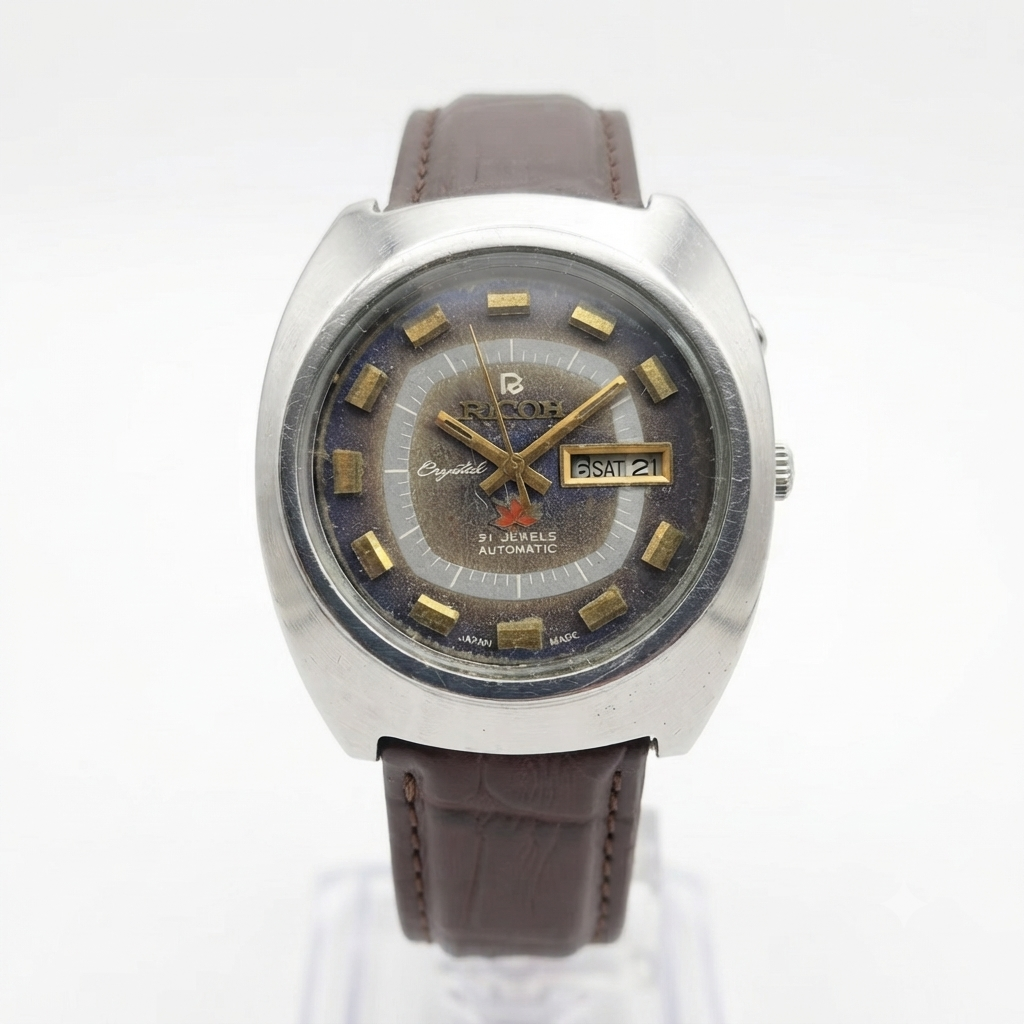Vintage Ricoh R31 Automatic Brown Face New Strap 21 Jewels Day-Date Men's Wrist Watch R108
