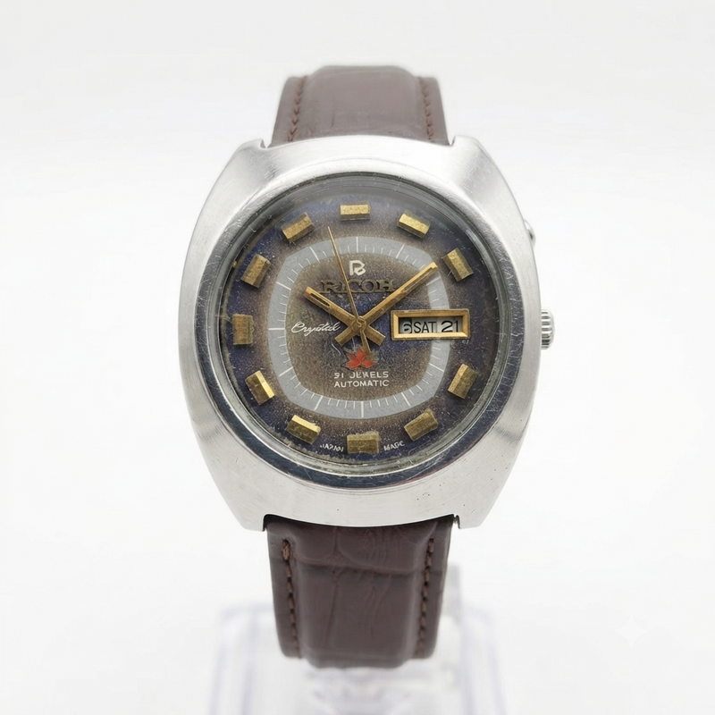 Vintage Ricoh R31 Automatic Brown Face New Strap 21 Jewels Day-Date Men's Wrist Watch R108
