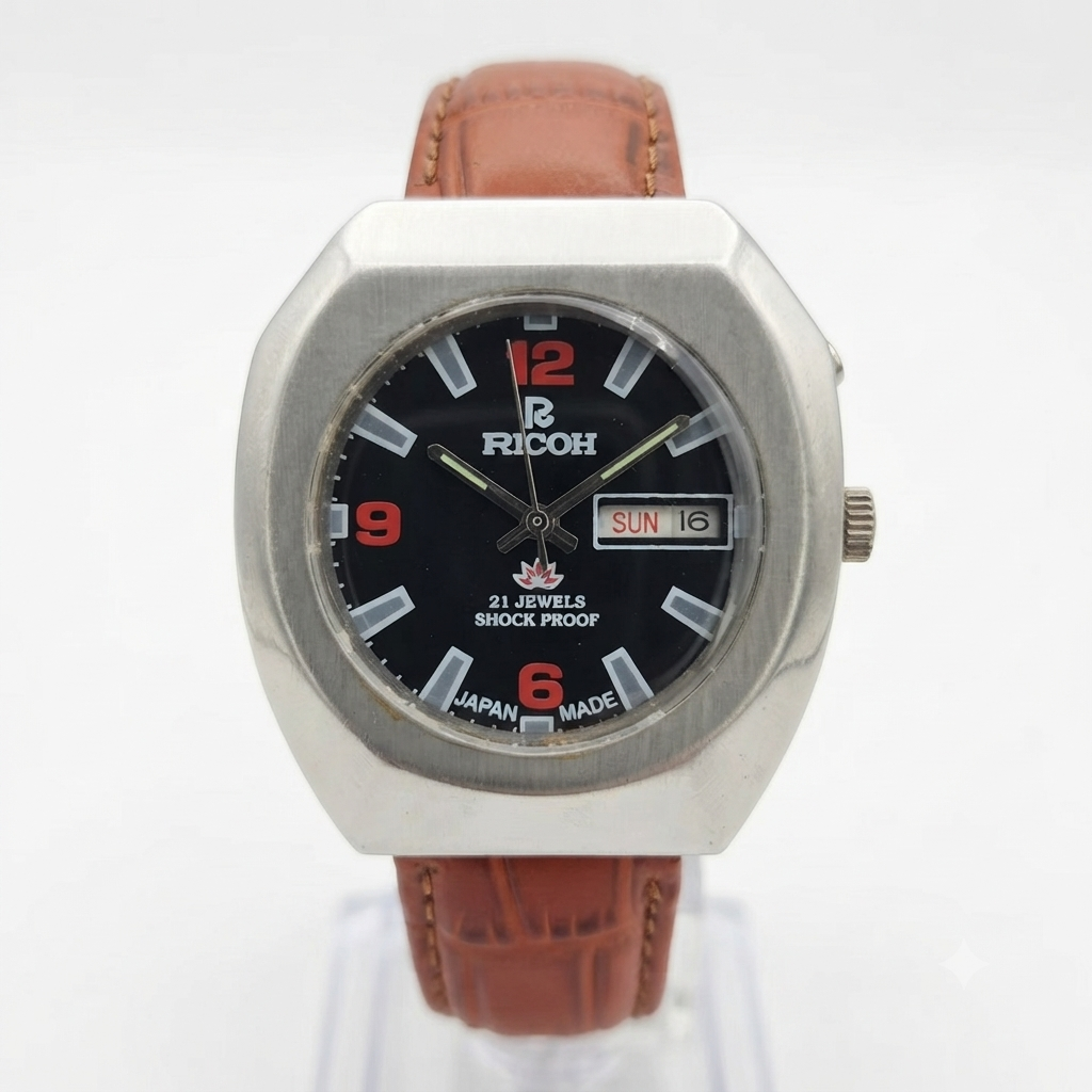 Vintage Ricoh R31 Automatic Black Face New Strap 21 Jewels Day-Date Men's Wrist Watch R102