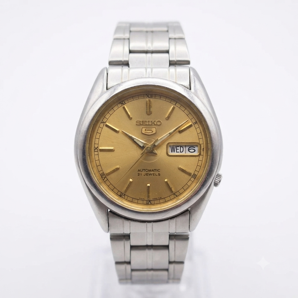 Vintage 1980 Original Seiko 5 Automatic 7s26-01R0 Golden face 21 Jewels Day-Date Japanese Men's Wrist Watch OG109