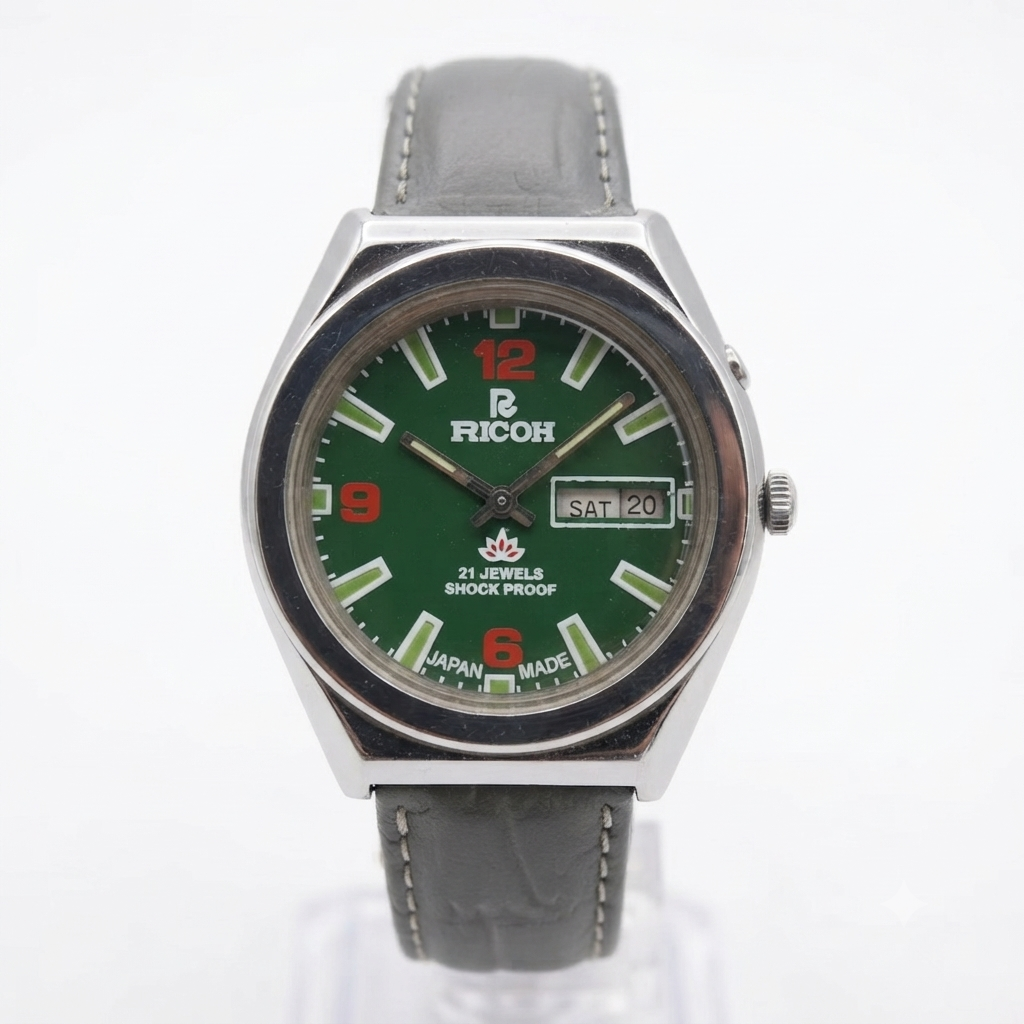 Vintage Ricoh R31 Automatic Green Face Green Strap 21 Jewels Day-Date Men's Wrist Watch R99
