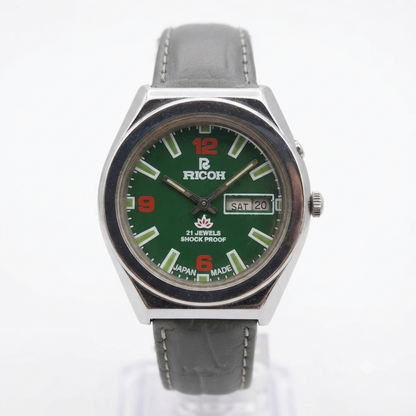 Vintage Ricoh R31 Automatic Green Face Green Strap 21 Jewels Day-Date Men's Wrist Watch R99