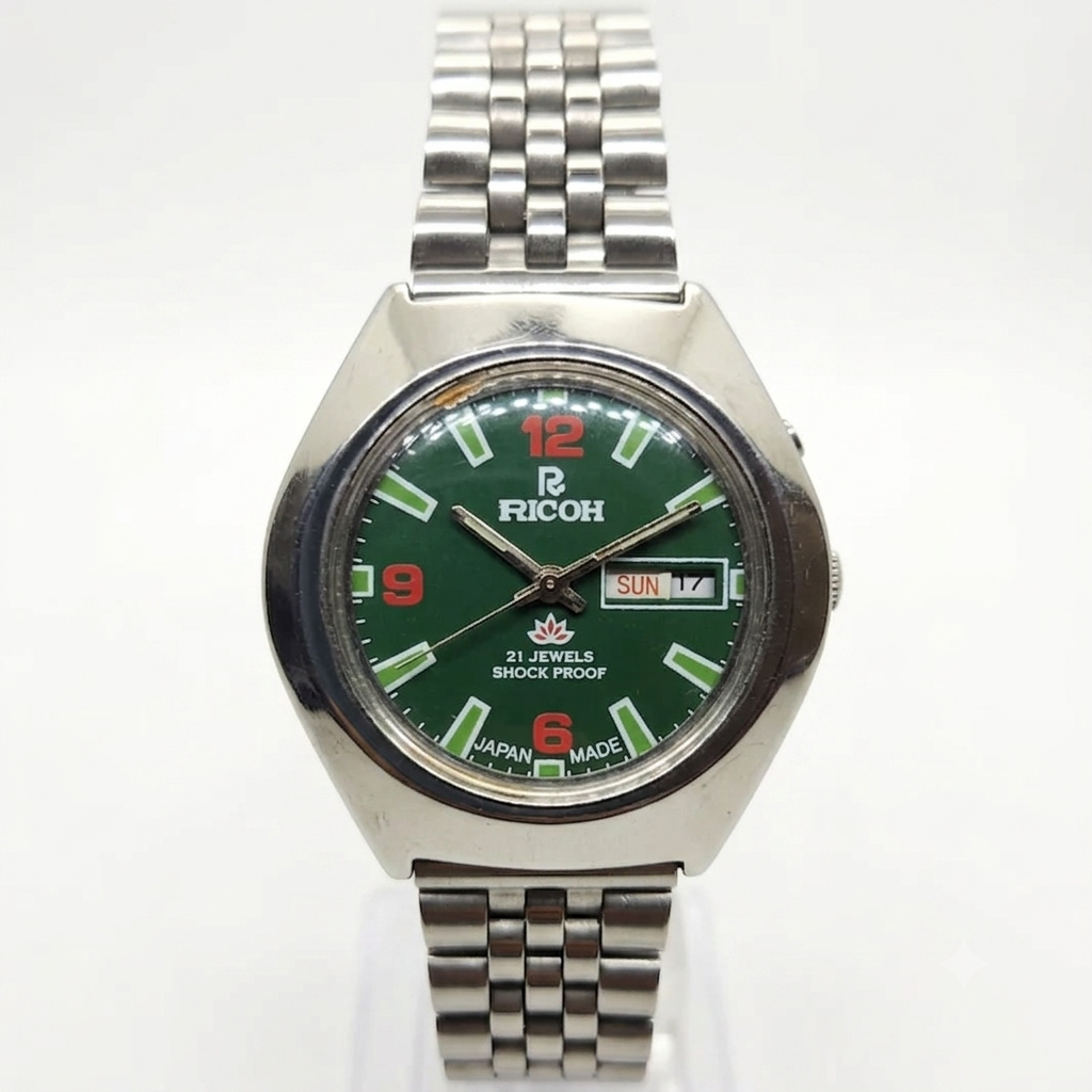 Vintage Ricoh R31 Green Face Automatic 21 Jewels Jubliee Bracelet Men's Wrist Watch R32