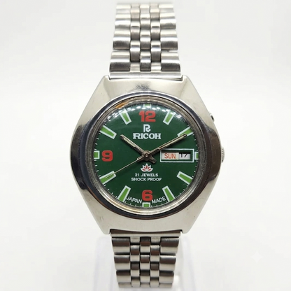 Vintage Ricoh R31 Green Face Automatic 21 Jewels Jubliee Bracelet Men's Wrist Watch R32