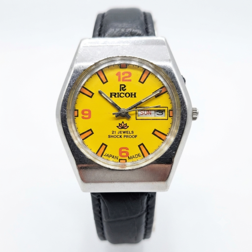 Vintage Ricoh R31 Automatic Yellow Face New Strap 21 Jewels Day-Date Men's Wrist Watch R08