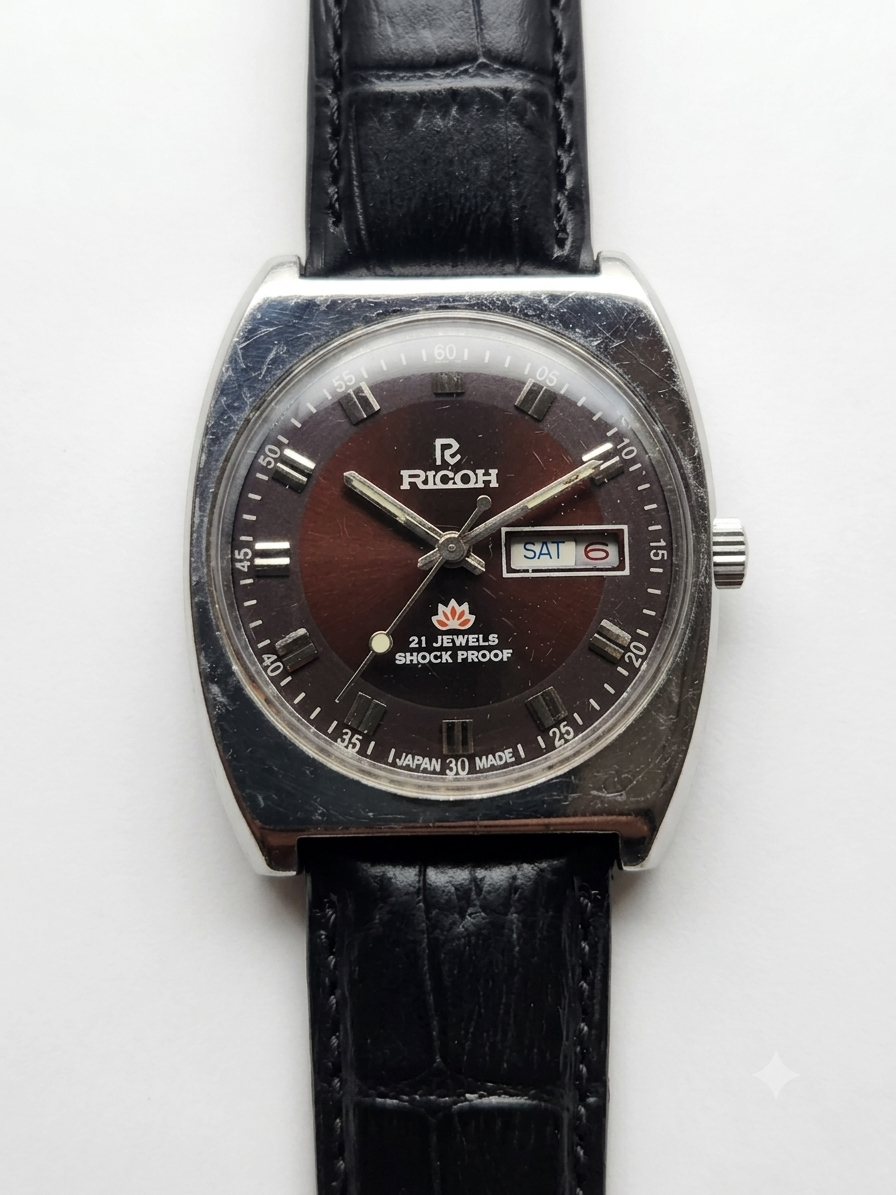 Vintage Ricoh R31 Automatic Brown Face New Strap 21 Jewels Day-Date Men's Wrist Watch AS16