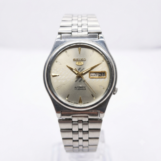 Vintage 1985 Original Seiko 5 Automatic 7009-3170 Silver Face 17 Jewels Day-Date Japanese Men's Wrist Watch OG329
