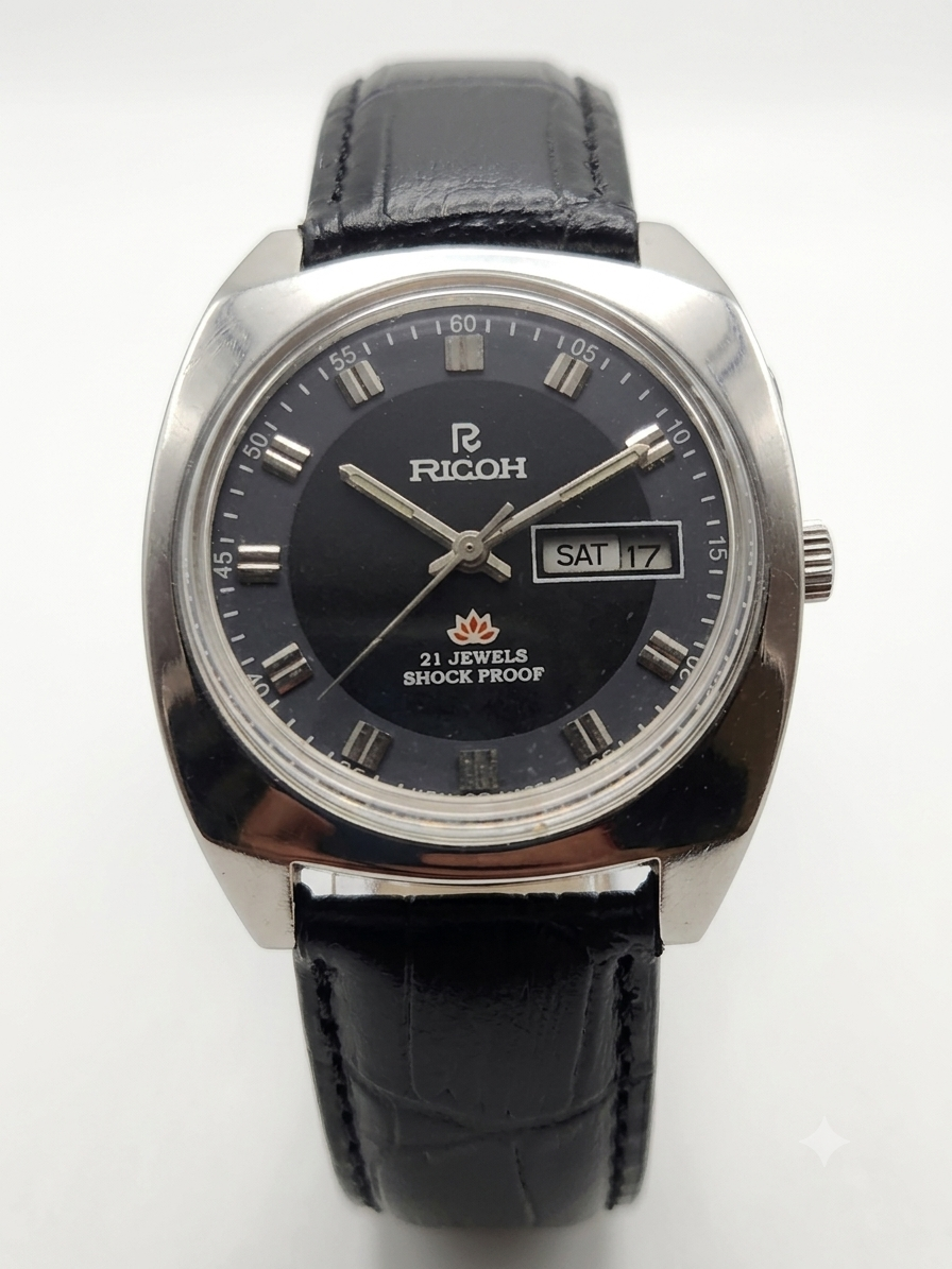 Vintage Ricoh R31 Automatic Black Face New Strap 21 Jewels Day-Date Men's Wrist Watch AS23
