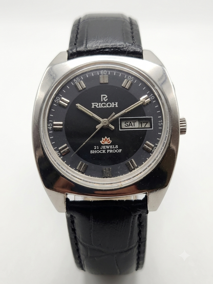 Vintage Ricoh R31 Automatic Black Face New Strap 21 Jewels Day-Date Men's Wrist Watch AS23
