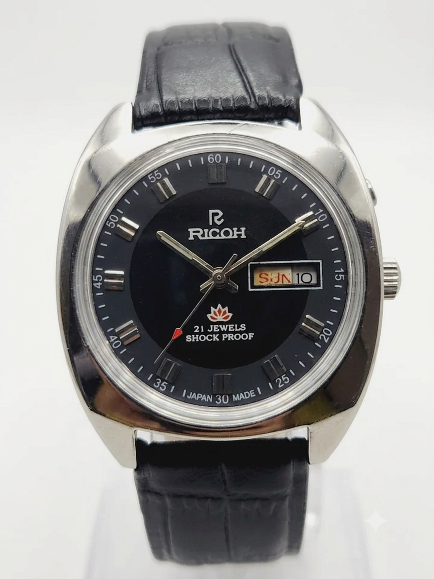 Vintage Ricoh R31 Automatic Black Face New Strap 21 Jewels Day-Date Men's Wrist Watch AS38