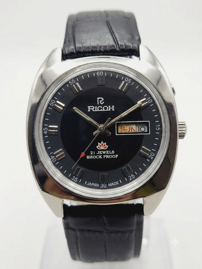 Vintage Ricoh R31 Automatic Black Face New Strap 21 Jewels Day-Date Men's Wrist Watch AS38