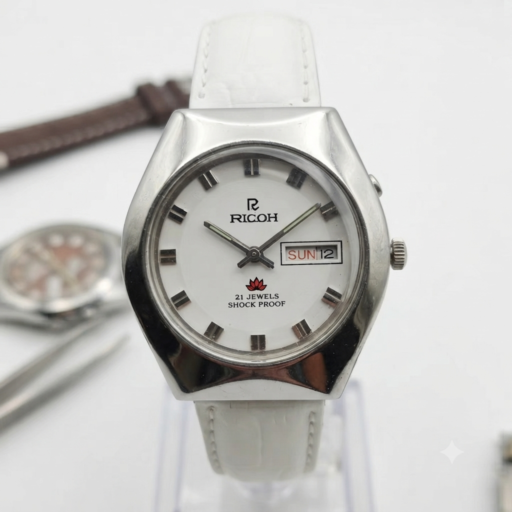 Vintage Ricoh R31 Automatic White Face New Strap 21 Jewels Day-Date Men's Wrist Watch R92