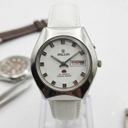 Vintage Ricoh R31 Automatic White Face New Strap 21 Jewels Day-Date Men's Wrist Watch R92
