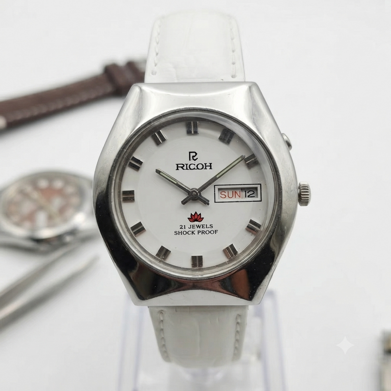 Vintage Ricoh R31 Automatic White Face New Strap 21 Jewels Day-Date Men's Wrist Watch R92