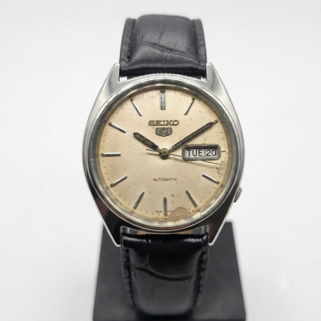 Vintage 1982 Original Seiko 5 Automatic 6309-545A OFF White Face 17 Jewels Day-Date Japanese Men's Wrist Watch VS22