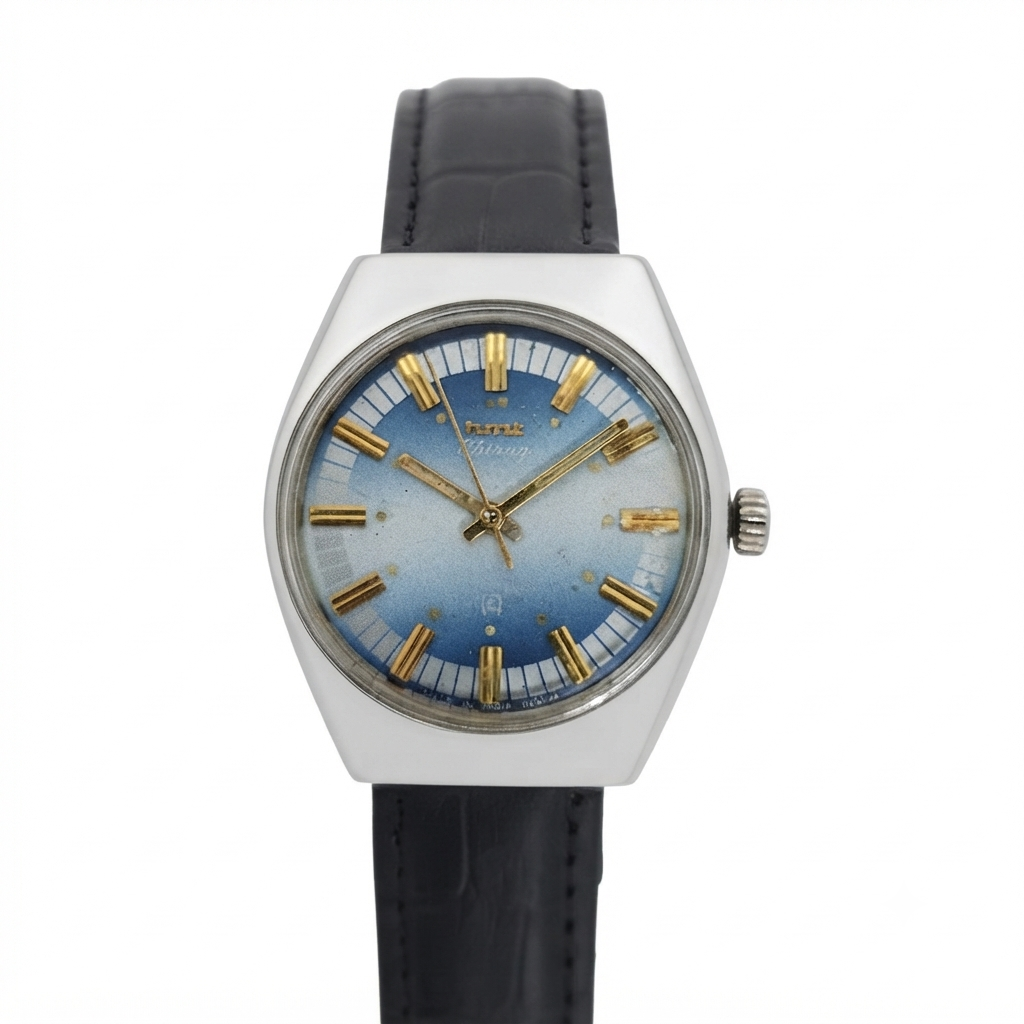 Vintage Original HMT Chirag Hand Winding 17 Jewels Blue Face Black Leather Strap Men's Wrist Watch OG179