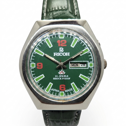 Vintage Ricoh R31 Automatic Green Face New Strap 21 Jewels Day-Date Men's Wrist Watch R11