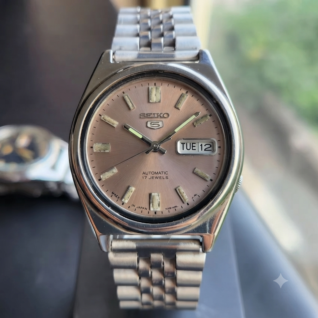 Vintage 1976 Original Seiko 5 Automatic 7009-3070 Silver Face 17 Jewels Day-Date Japanese Men's Wrist Watch SK11