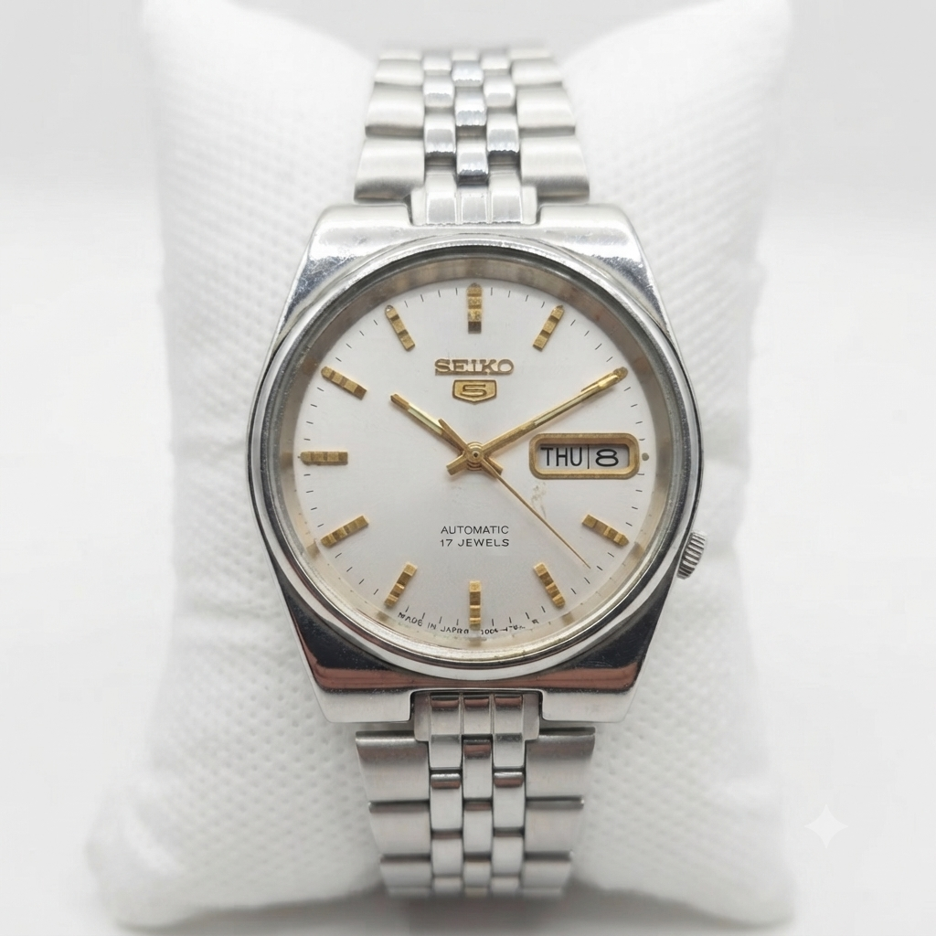 Vintage 1976 Original Seiko 5 Automatic 7009-3131 White Face 17 Jewels Day-Date Japanese Men's Wrist Watch VS02