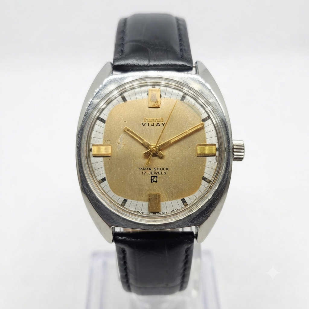 Vintage Original HMT Vijay Hand Winding 17 Jewels Gold Face Men's Wrist Watch HM112