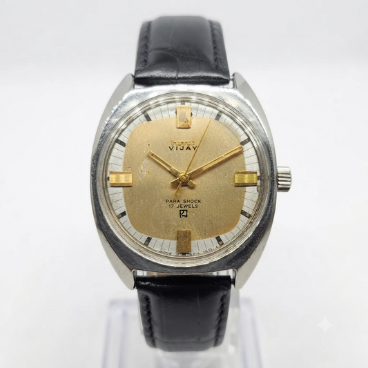 Vintage Original HMT Vijay Hand Winding 17 Jewels Gold Face Men's Wrist Watch HM112