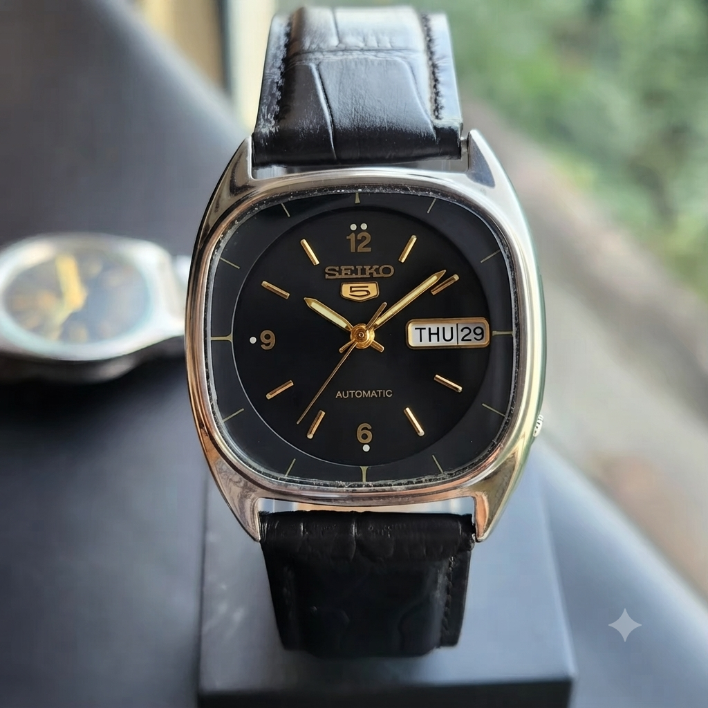 Vintage 1981 Original Seiko 5 Automatic 6309-523A Black Face 17 Jewels Day-Date Japanese Men's Wrist Watch SK20