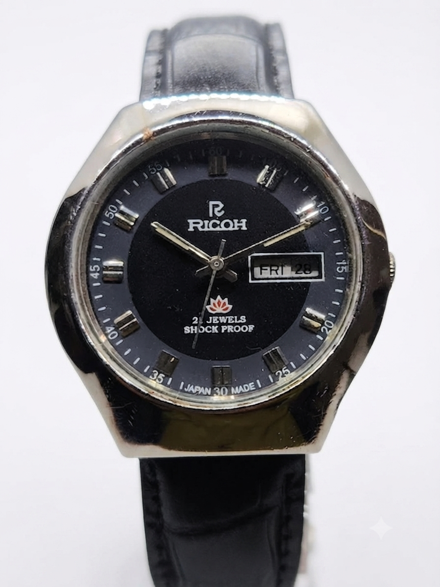 Vintage Ricoh R31 Automatic Black Face New Strap 21 Jewels Day-Date Men's Wrist Watch AS33