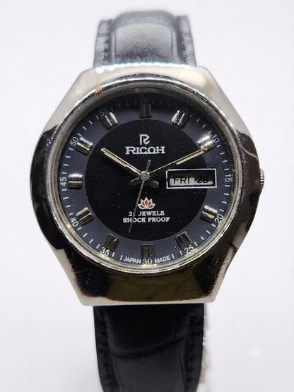 Vintage Ricoh R31 Automatic Black Face New Strap 21 Jewels Day-Date Men's Wrist Watch AS33