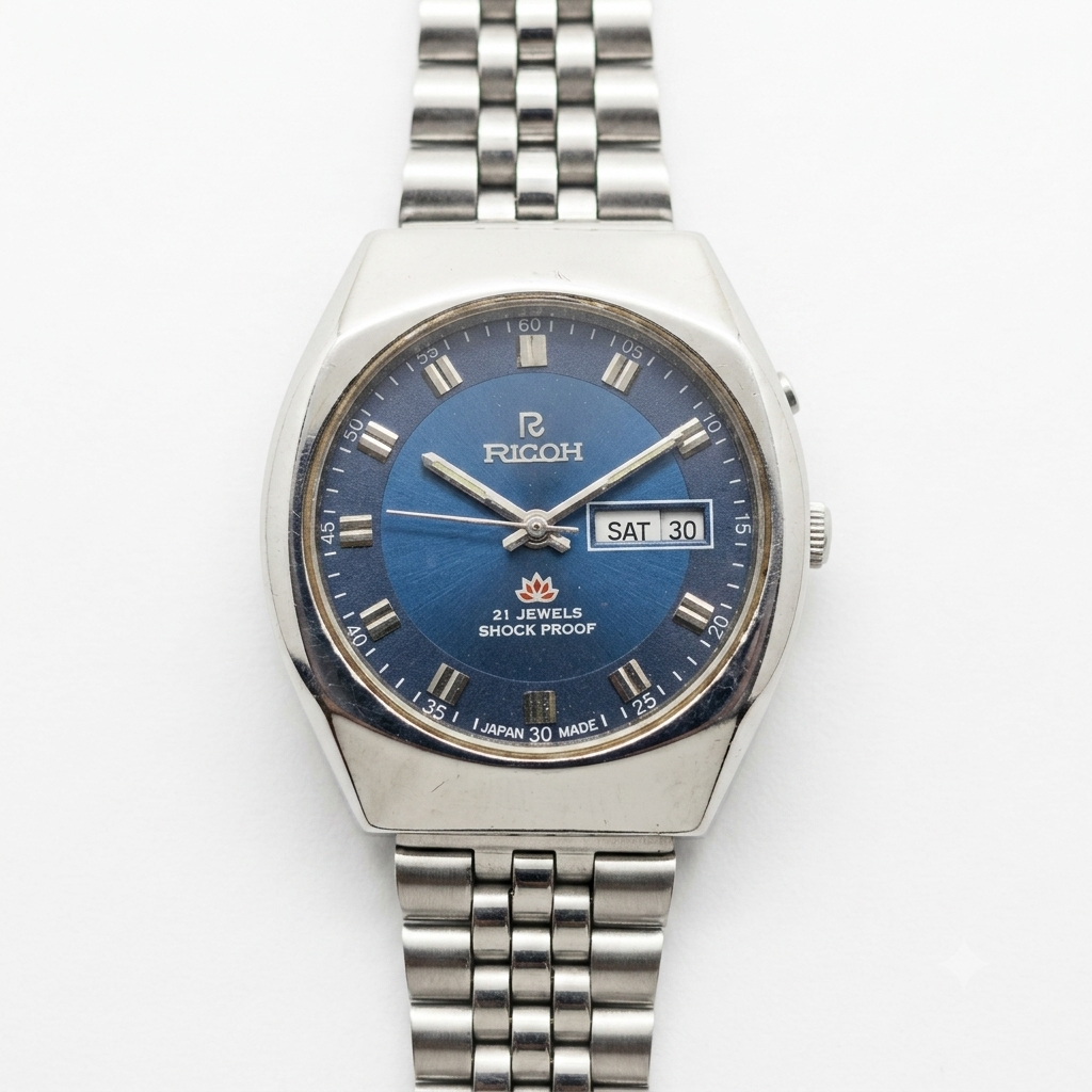 Vintage Ricoh R31 Blue Face Automatic 21 Jewels Jubliee Bracelet Men's Wrist Watch R37